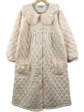 Leona Vintage Pink Floral Quilted Button Up Robe Housecoat Size Large